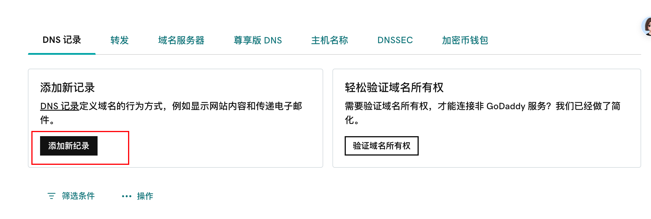 域名商后台的 DNS 记录页，红框标出「添加新记录」按钮